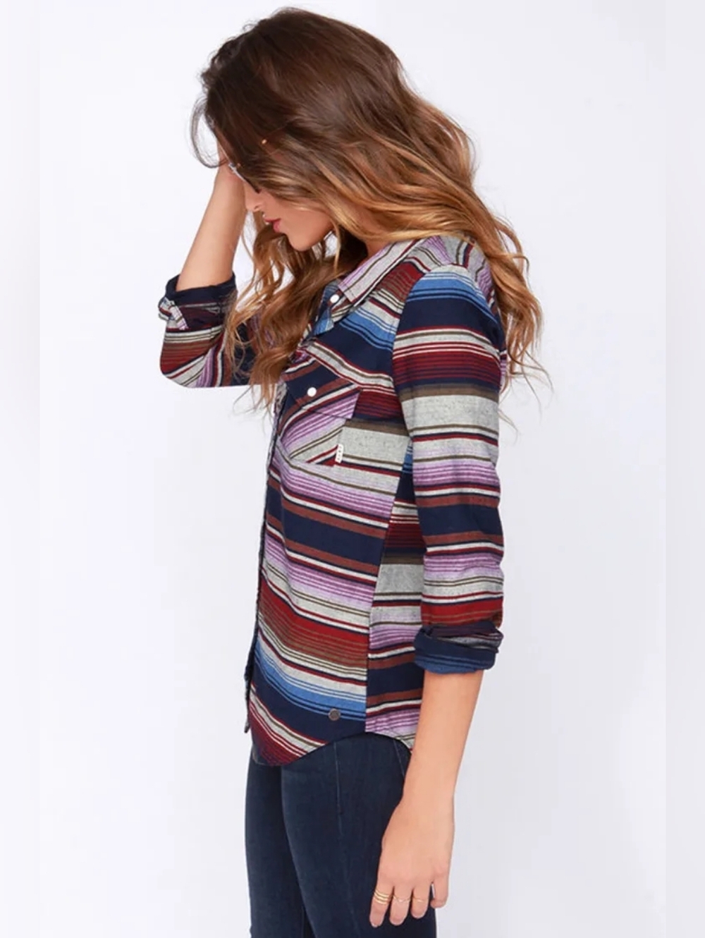Roxy Camp Site Multi Stripe Button-Up Top, XL, Sarape, Long Sleeve, Southwestern - Picture 4 of 12